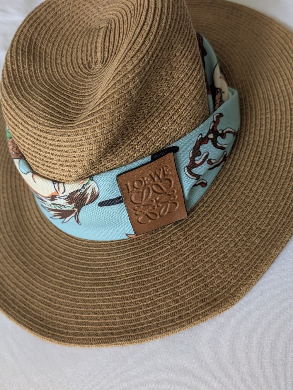 Loewe Brown Straw Wide-Brim Hat with Light Blue Printed Scarf